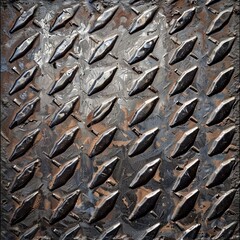 A closeup texture of the metal plate with sharp diamonds creating an industrial and rugged appearance The pattern is symmetrical