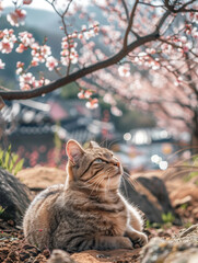Pet cat under the cherry blossom tree in spring,created with Generative AI tecnology.