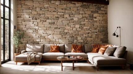 Cozy corner featuring sectional sofa against warm stone wall 