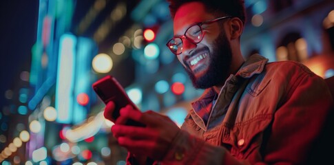 Young man smiling while using smartphone on city street at night