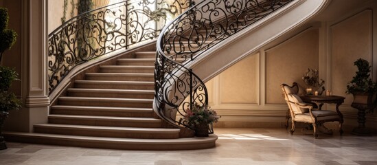 A stone staircase with a wrought iron handrail leads up to a stunning chandelier hanging from the...