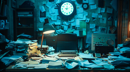A cluttered desk under harsh fluorescent lighting papers scattered a ticking digital clock forefront abstract personless backdrop evoking urgency - obrazy, fototapety, plakaty