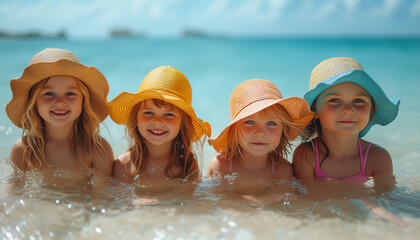 Four girls in panama frolic, swimming on the beach in the sea. Children Protection Day. Summer vacation, travel concept