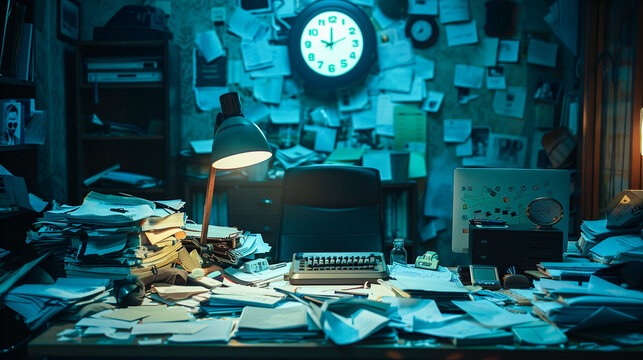A cluttered desk under harsh fluorescent lighting papers scattered a ticking digital clock forefront abstract personless backdrop evoking urgency