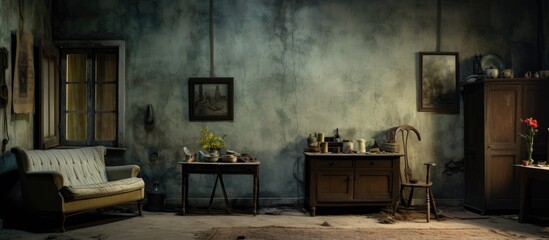 A traditional living room setting featuring a comfortable couch, a sturdy table, and a stylish chair. The room exudes a sense of nostalgia with its classic furniture pieces.