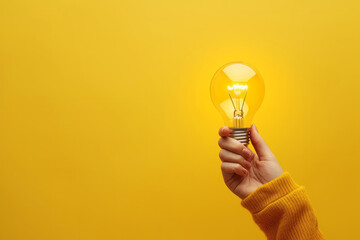 Woman's hand in yellow sweater holding a glowing light bulb isolated on yellow empty background with space for text or inscriptions
 - obrazy, fototapety, plakaty