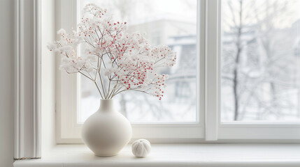 White stylish empty room with winter landscape in window. Scandinavian interior design. 3D illustration