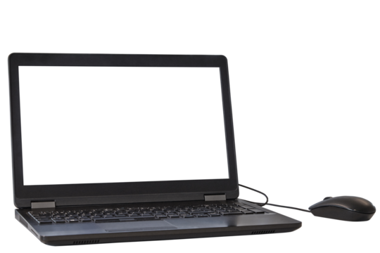 Black pc laptop with his mouse isolated on white with clipping path