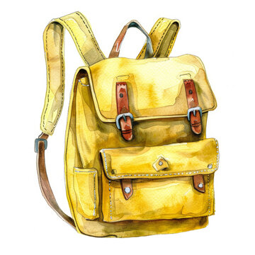 Isolated watercolor illustration of bright yellow backpack for students or tourists