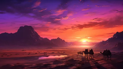 Papier Peint photo Corail A dramatic desert landscape at dusk, towering sand dunes bathed in warm orange light, a lone camel caravan making its way across the vast expanse, the sky ablaze with hues of pink and purple