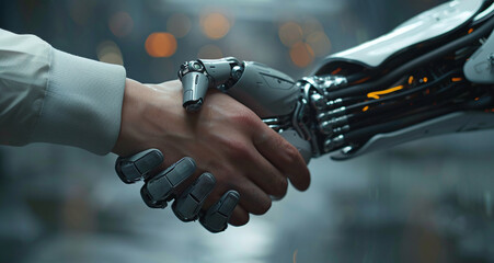 Human hand shaking AI robot hand