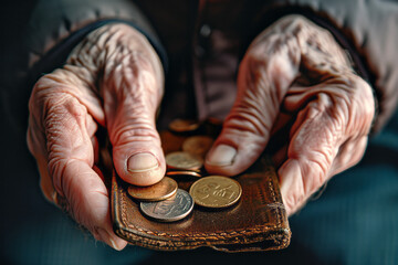 Hands of an elderly person holding a wallet with coins, selective focus close up
