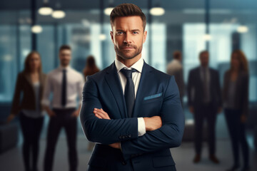 Young businessman confident young man with folded arms in suit standing in office against business team background
