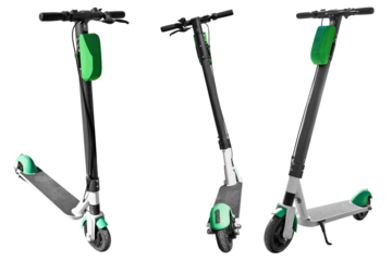 Three positions of a Black and green Electric scooter for rent.