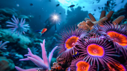 Naklejka na ściany i meble Scuba diving into a macro world where mutated coral and sea urchins illuminate the path for deep sea adventurers