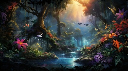 A magical waterfall hidden deep within a lush tropical rainforest, sunlight filtering through the dense canopy, illuminating the cascading water in a mesmerizing display of colors