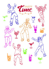Dancing people and cocktails Party time Pina colada, aperol shpritz, margarita, mojito,bloody mary, cosmopolitan, daiquiri, tequila sunrise, gin tonic. Set of outline vector illustrations.