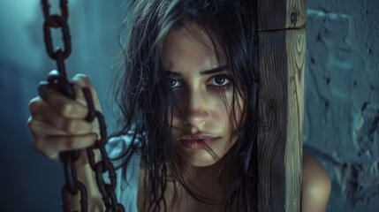 Hispanic beautiful woman is tied by chains to a wooden cross.  - obrazy, fototapety, plakaty
