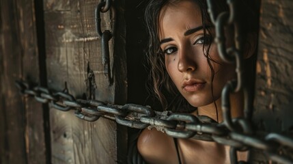 Hispanic beautiful woman is tied by chains to a wooden cross. 