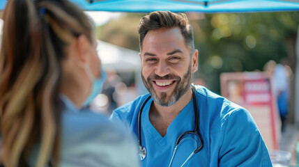 A healthcare professional conducting a skin cancer screening clinic outdoors, under a tent, demonstrating the use of a dermatoscope on a volunteer patient