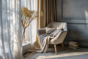 Fototapeta na wymiar Modern Living: Warm Beige Interior with Cozy Armchair and Decor