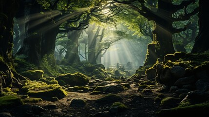 A mystical forest shrouded in mist, ancient trees with twisted branches reaching towards the sky, shafts of golden sunlight filtering through the canopy - 754197945