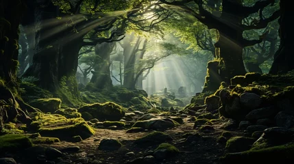 Papier Peint photo Rivière forestière A mystical forest shrouded in mist, ancient trees with twisted branches reaching towards the sky, shafts of golden sunlight filtering through the canopy