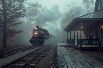 Vintage train approaches foggy station