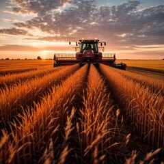 Fototapeta premium Harvesting golden wheat as the combine harvester works at sunset