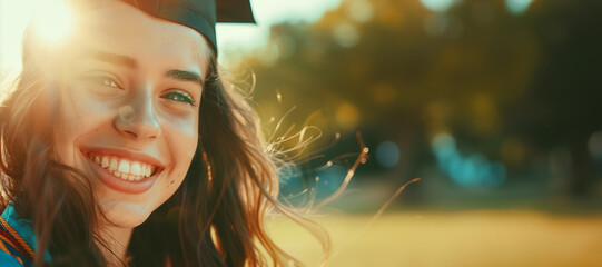 sunny close-up portrait of a smiling female student in graduation cap and gown