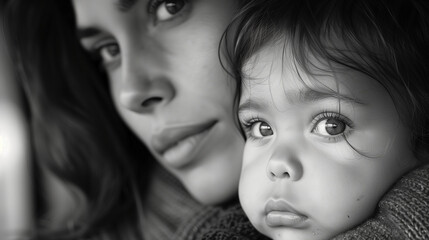 Close-up of woman and child, black and white image.

