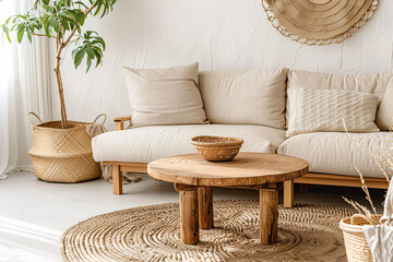 Boho style living room with couch and coffee table and decoration from natural material