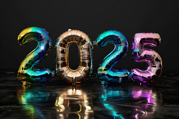 Composition with figure 2025 made of colorfull foil balloons and Christmas decorations on black background. - obrazy, fototapety, plakaty