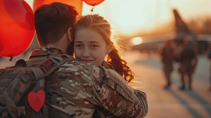 A heartfelt reunion at a military base, where families are embracing returning soldiers, balloons and welcome home signs in hand, against the backdrop of a setting sun