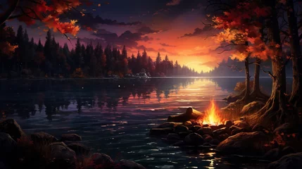 Papier Peint photo Réflexion A serene lakeside scene at twilight, the water reflecting the vibrant colors of the setting sun, silhouettes of trees lining the shore, a cozy campfire crackling nearby