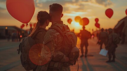 A heartfelt reunion at a military base, where families are embracing returning soldiers, balloons and welcome home signs in hand, against the backdrop of a setting sun