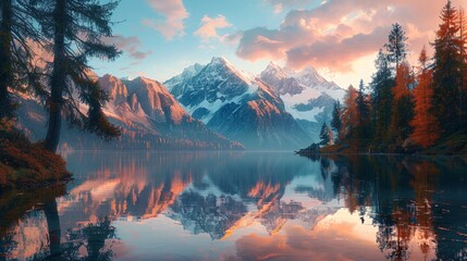 A serene mountain lake at sunset, with vibrant hues reflecting off the calm water, snow-capped peaks in the background, pine trees framing the scene, evoking tranquility and awe - obrazy, fototapety, plakaty