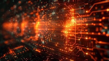 A computer chip with many orange lines and dots. Crypto and BTC bitcoin blockchain technology