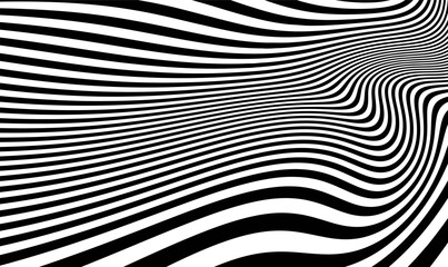 Abstract Optical Illusion Stripes Background. Monochrome wavy line background. Abstract optical illusion wave. Optical Art psychedelic with black and white twist striped. Curved lines. Op art. Vector.