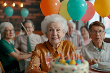 An elderly woman with gray hair with a cake in her hands celebrates her birthday with guests, balloons in the background
