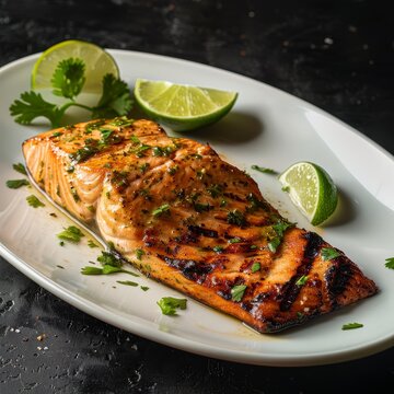 cilantro lime grilled salmon on curved white plate, good composition on a plate, photo for the restaurant menu