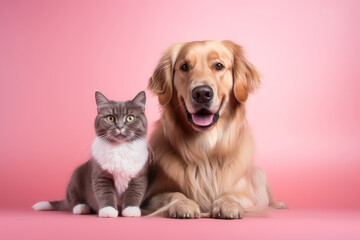 Dog with cat isolated on empty pink background with space for text or inscriptions, front view. Golden
