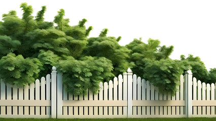 Fototapeta premium Lush green bushes over white picket fence