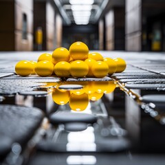 spill of yellow pills with reflections in addiction water - obrazy, fototapety, plakaty