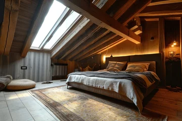 Foto auf Leinwand Rustic Attic Bedroom. Modern Farmhouse Interior Design with Wooden Lining Walls © AIGen
