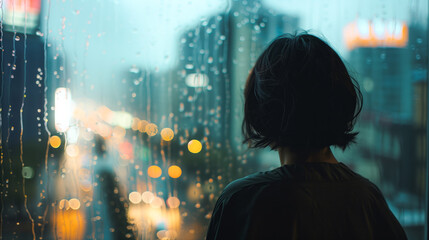 The back of an Asian woman with short hair, wearing dark and looking out the window at night at the cityscape view, with raindrops on the glass and blurred street lights