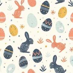Easter pattern with bunnies, eggs and flowers. Happy Easter Day Concept