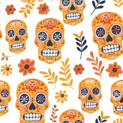 Rolgordijnen Schedel A seamless pattern Orange mexican skull with flowers against a white background. Cinco de Mayo day concept