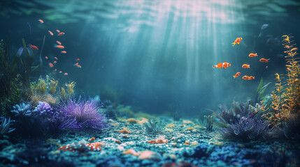 Corals, seaweed, fish, nature and world ocean. View underwater to surface ocean, sunbeam penetrate...