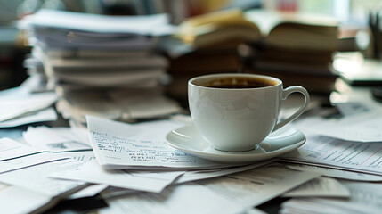 Desk buried in paperwork the only witness a halffinished coffee backdrop an abstract representation...